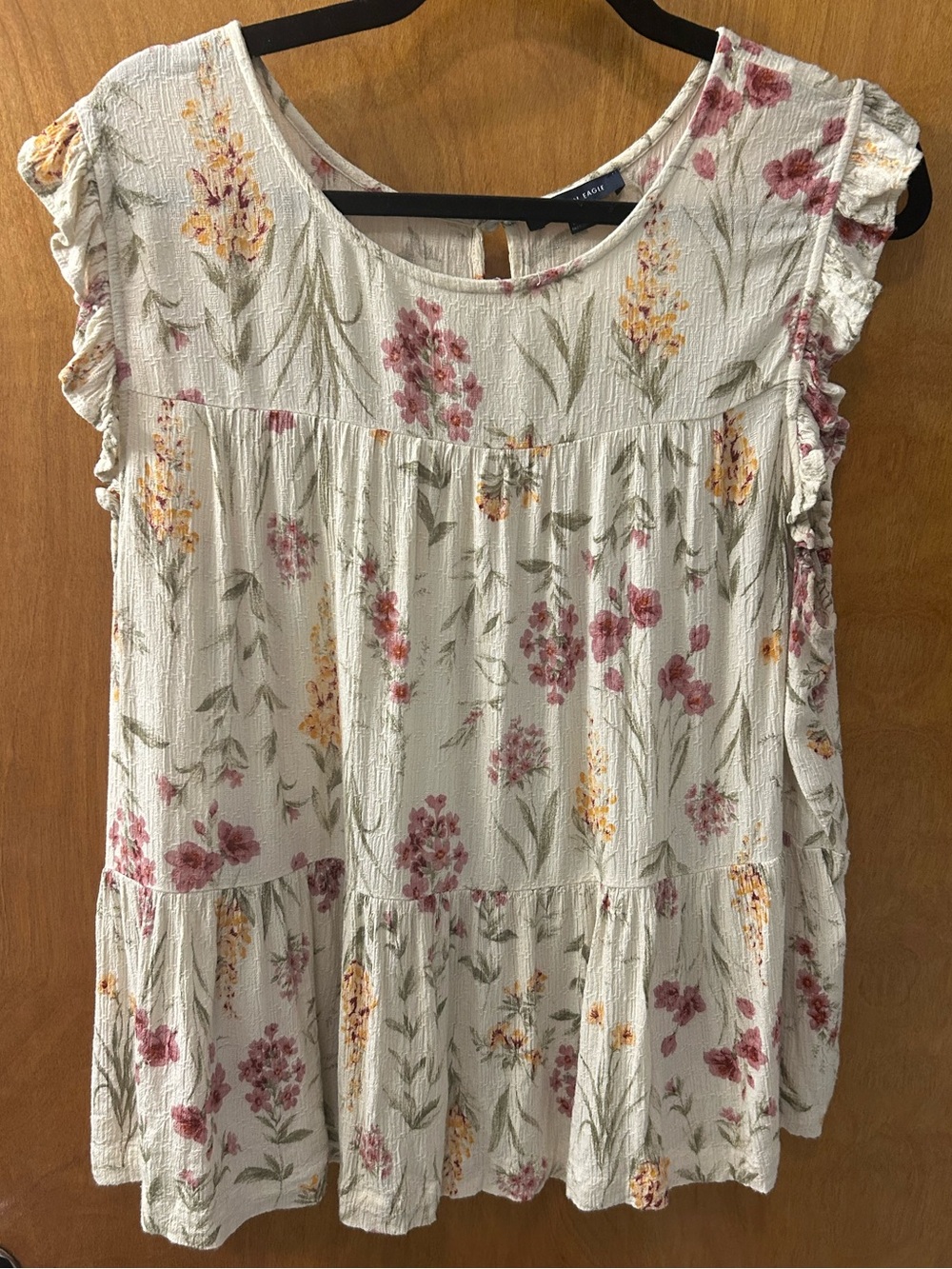American Eagle Outfitters Cream Floral Ruffle-Tiered Tunic